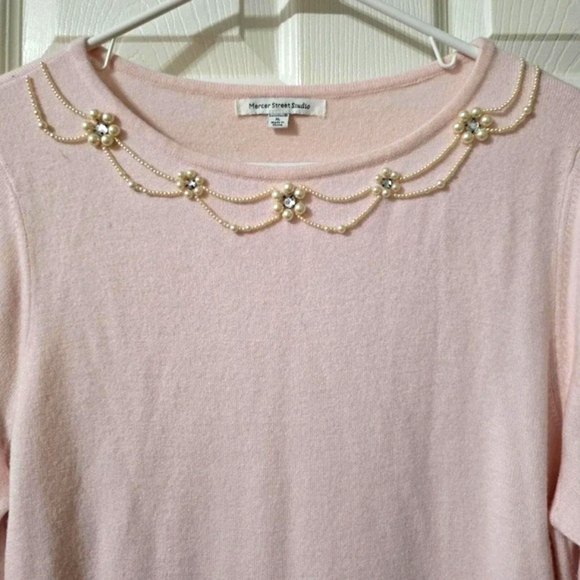 Mercer Street Studio Light Pink Beaded Pearl & Rhinestone Neckline Sweater, EUC! - Picture 3 of 10